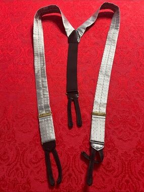 Vintage Made in England 100% Silk Button Suspenders Gray Polka Dot Y-Back Braces